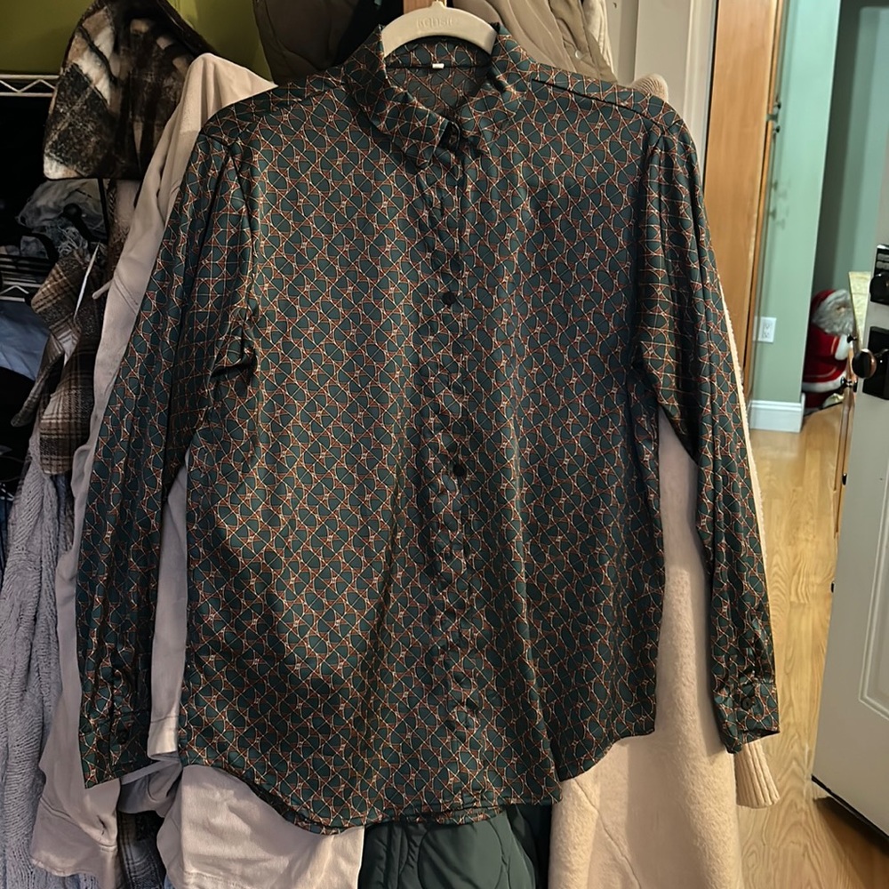 Forest green silky button down blouse